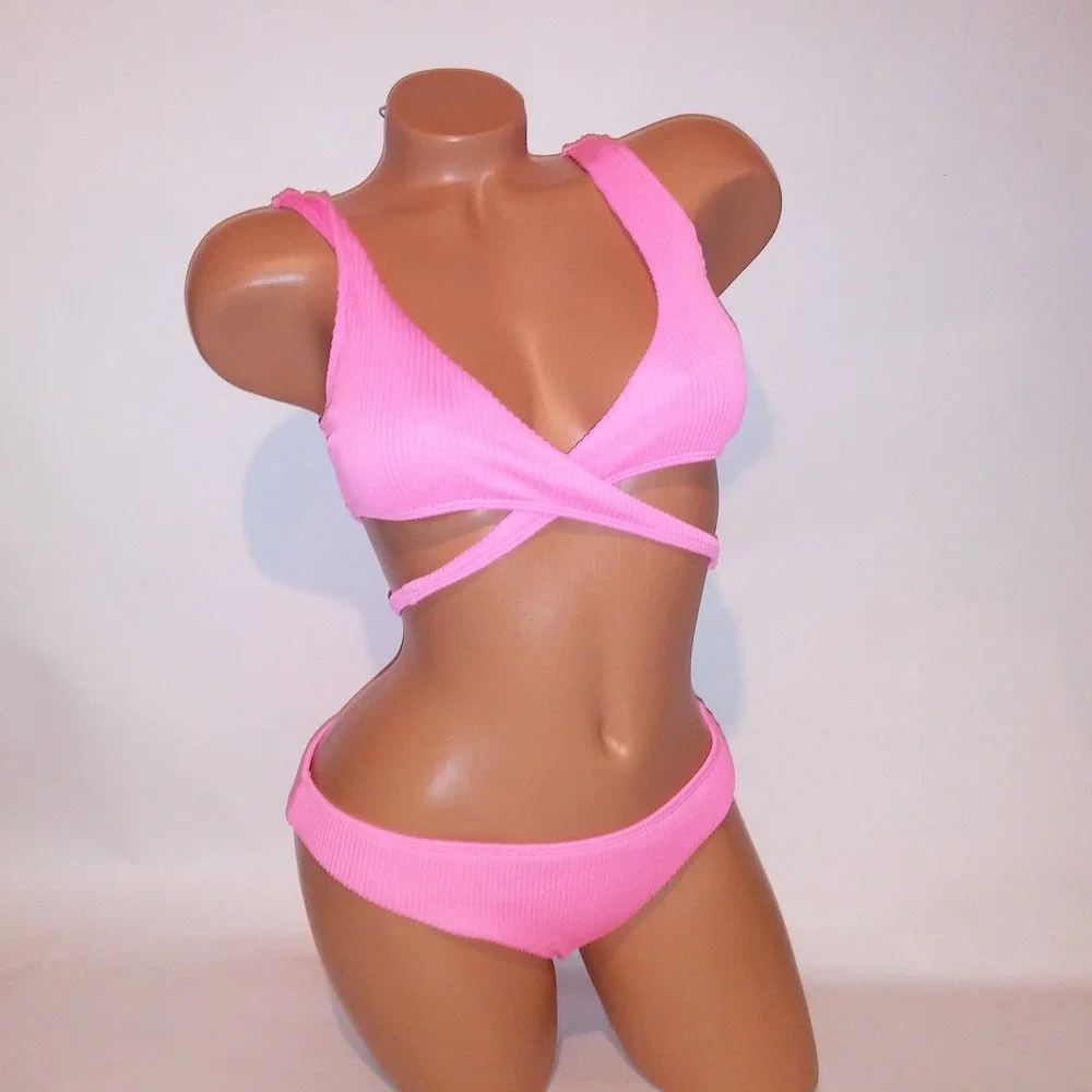 Hollister Swim Bikini Small Top Medium Bottom Neon Pink Ribbed Wrap